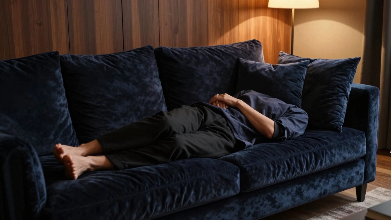 A person relaxing deeply in a luxurious sofa with thick 6-inch cushions.