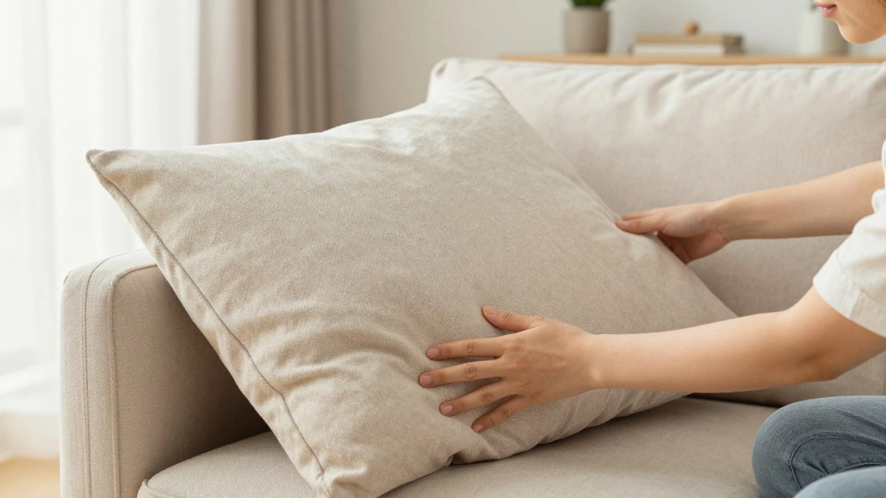 A person rotating a plump sofa cushion in a brightly lit modern living room.