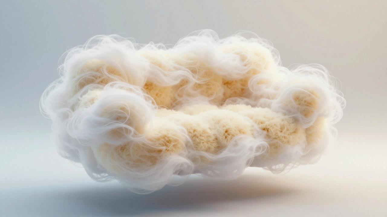 Conceptual 3D render of a foam core wrapped in fluffy fiber filling