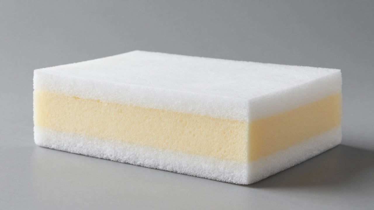 Cross-section of a layered sofa cushion with HR foam, memory foam, and Dacron wrap.