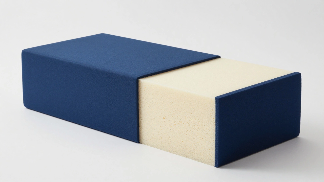Cross-section of a navy blue sofa cushion showing a solid foam core