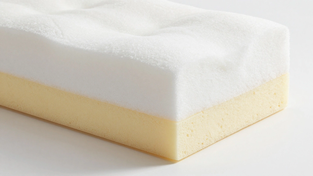 Cross-section of a sofa cushion showing foam layers and Dacron wrap