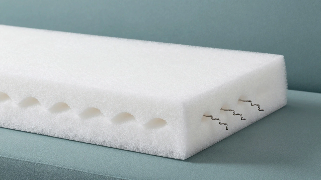 Cross-section of a sofa cushion showing high-density foam and Dacron wrap.