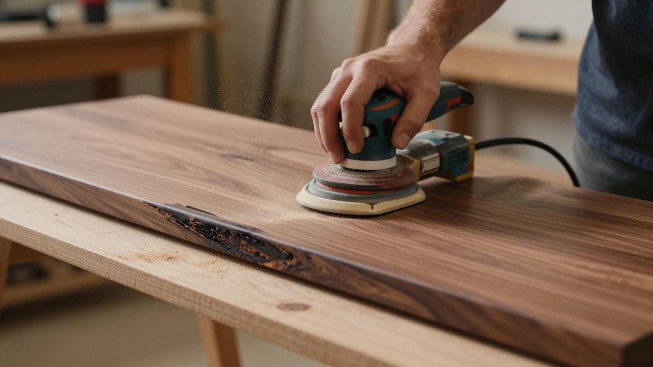 Hand using a power sander to remove old finish from a wooden table