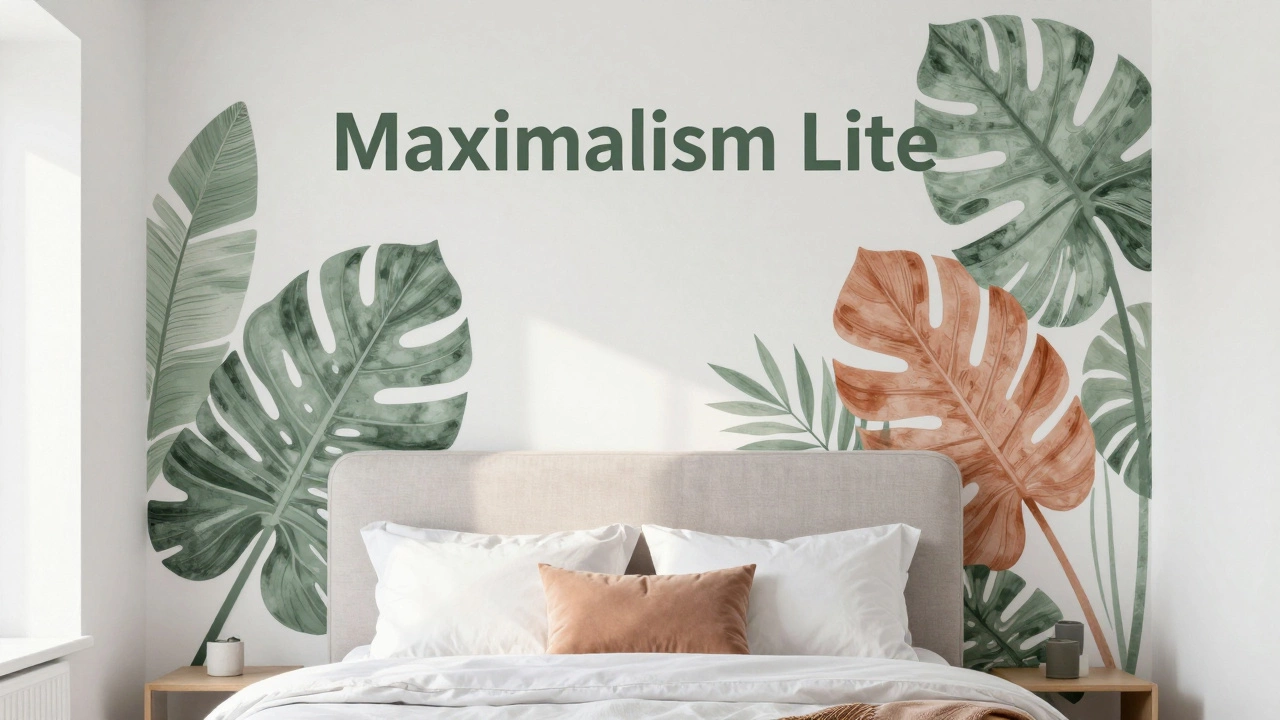 Modern bedroom with a biophilic sage green leaf pattern accent wall behind the bed.