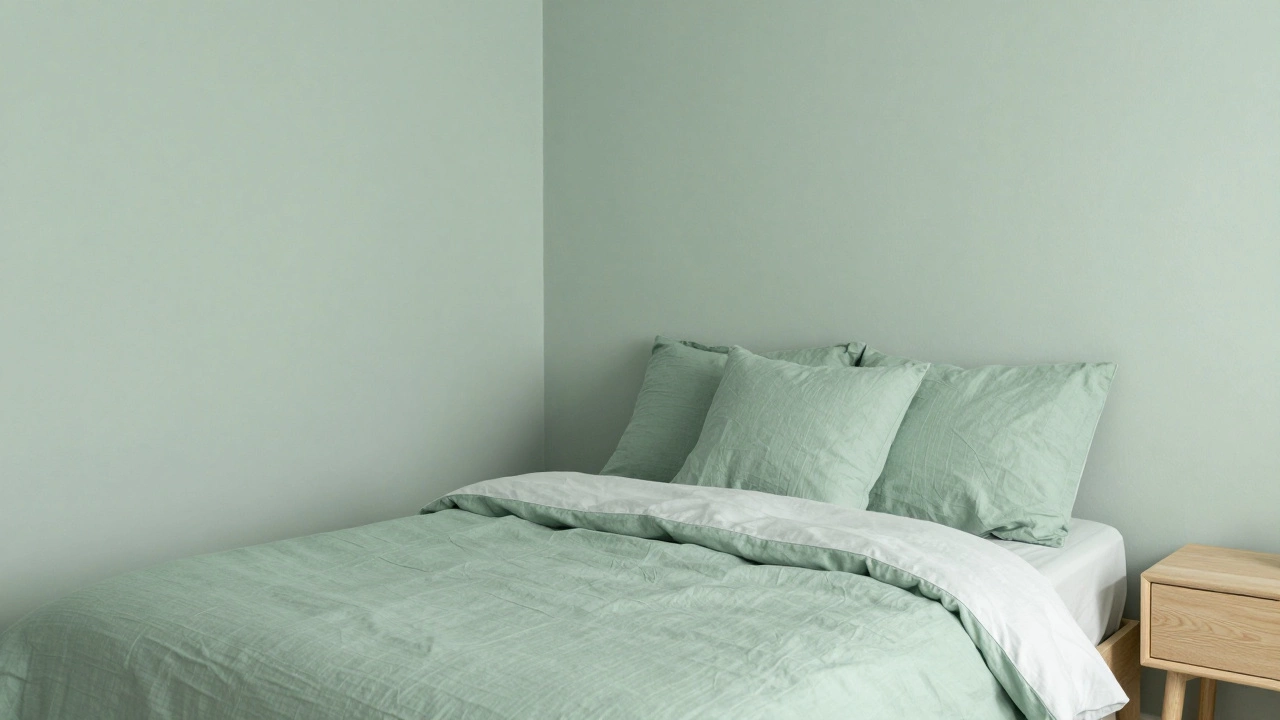 Monochromatic small bedroom with pale sage green bedding and matching walls