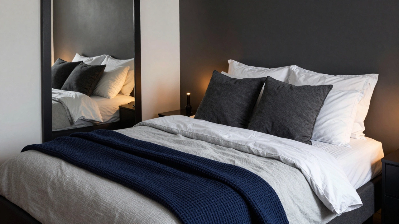 Small bedroom with light gray bedding and navy blue accent throw and pillows