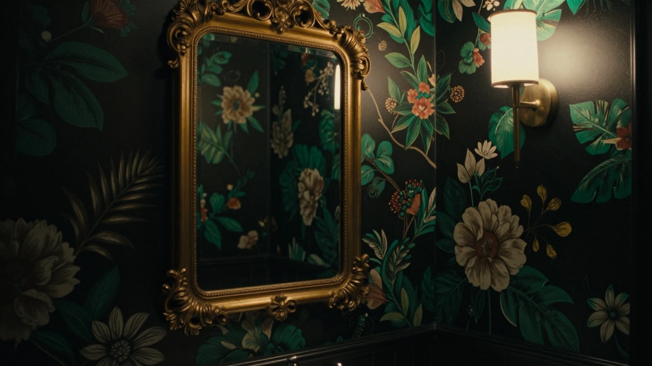 Small powder room with bold, dark floral wallpaper and a gold-framed mirror.
