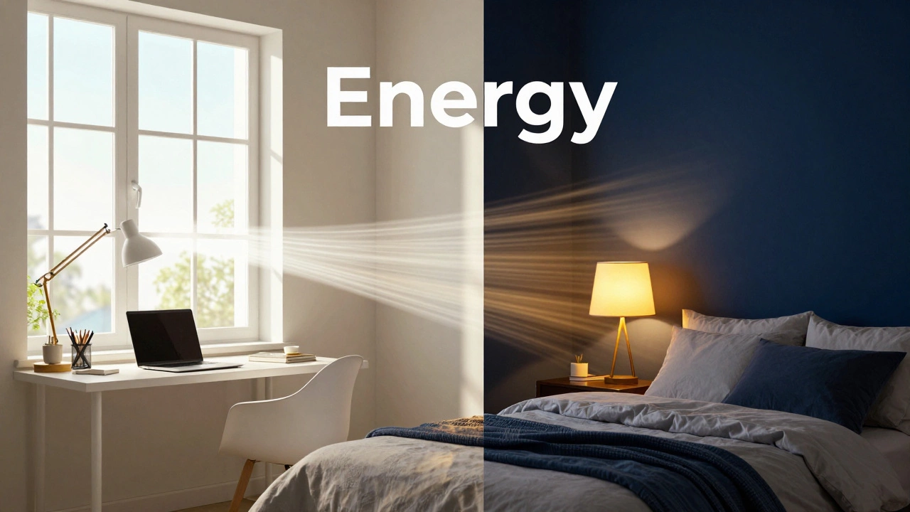 Split view of a bright, high-energy home office and a dim, warm, calming bedroom.