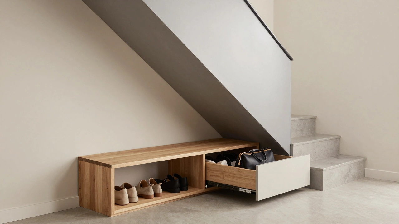 Built-in bench with lift-up lid reveals hidden shoe storage in a tidy hallway.