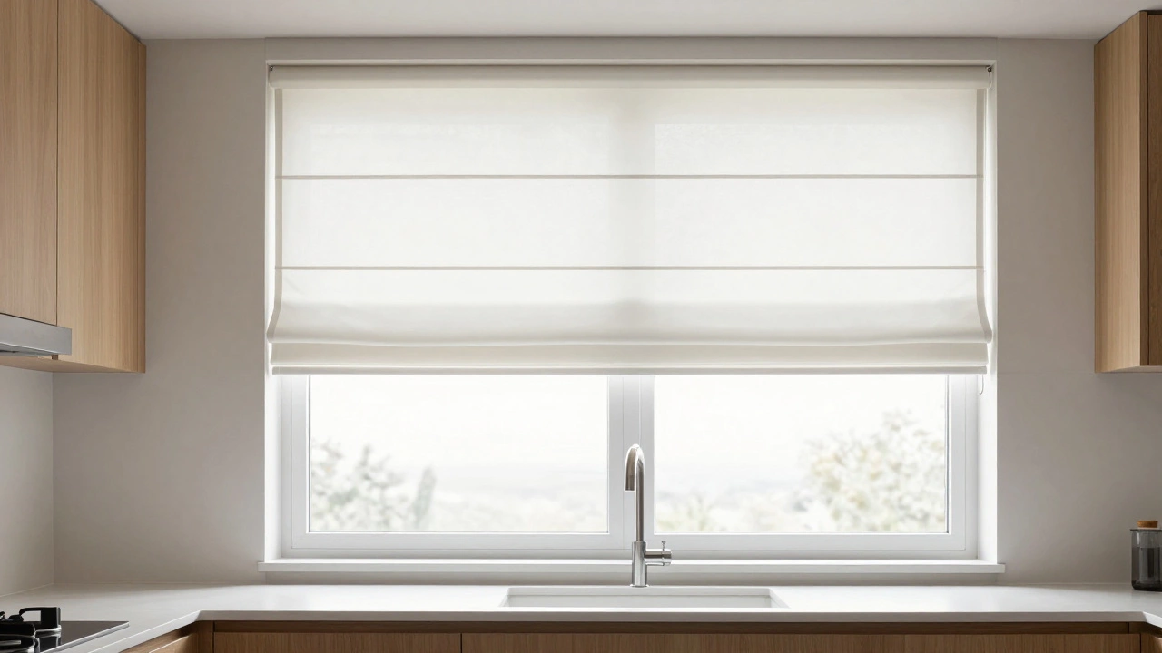 Clean kitchen window with raised Roman shades instead of decorative valances