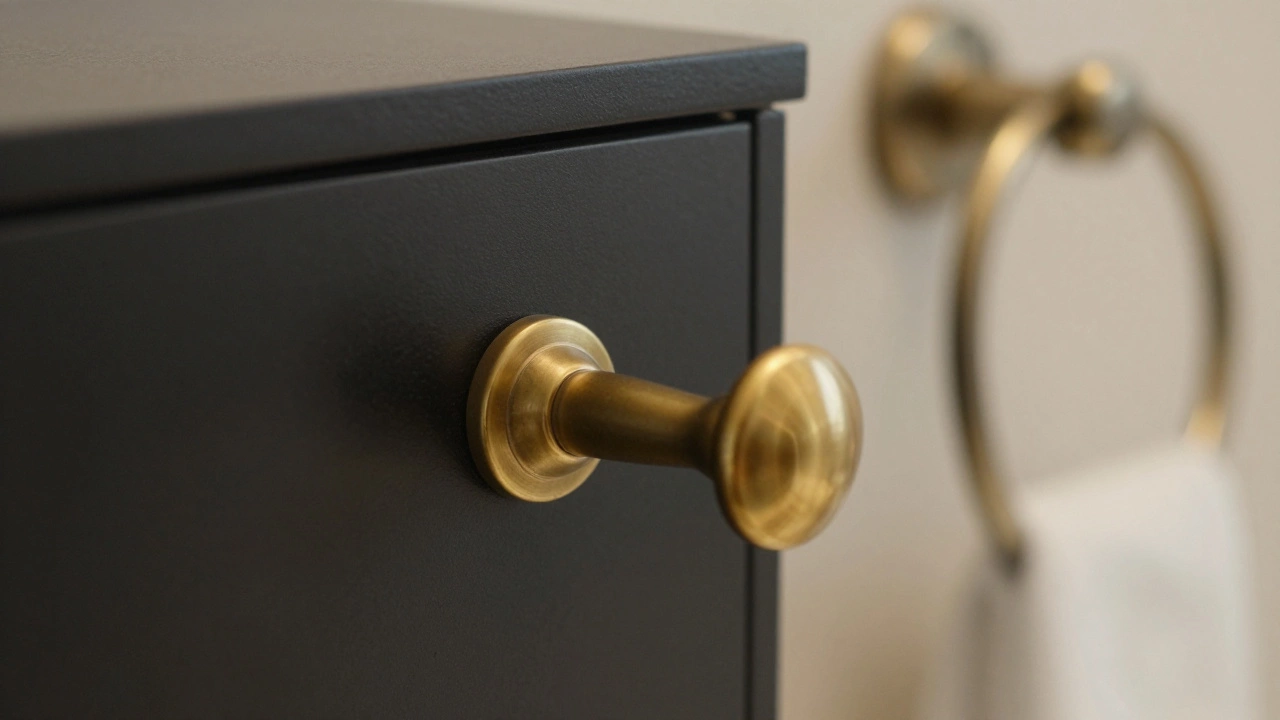 Close up of brass, matte black, and brushed nickel bathroom fixtures together