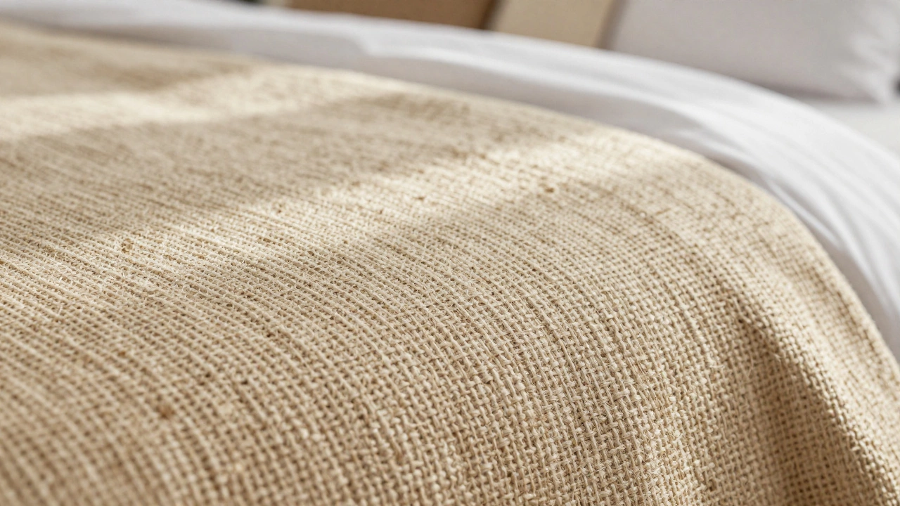 Close-up of textured beige grasscloth wallpaper with natural fiber weave