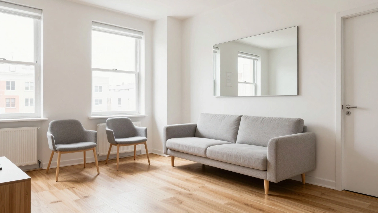 Compact living room with slim sofa and armchairs for small spaces