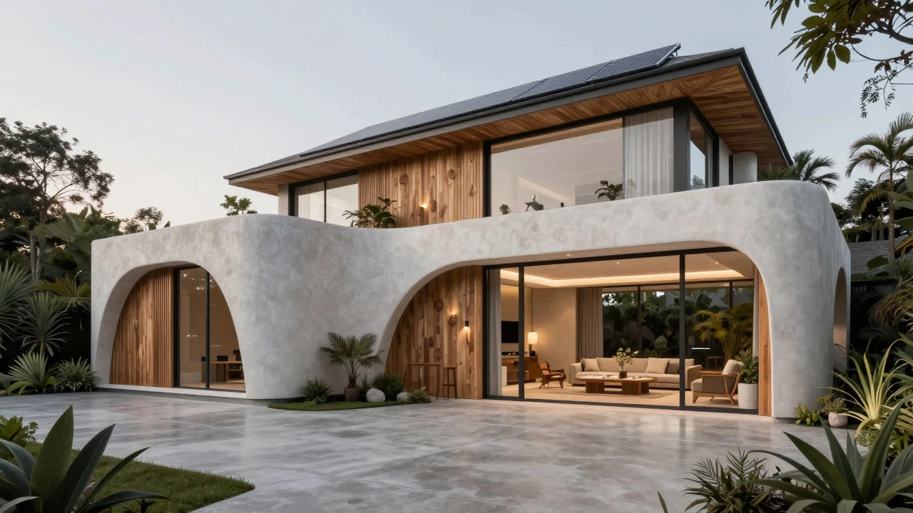 Contemporary home with curved walls, sustainable materials, and greenery