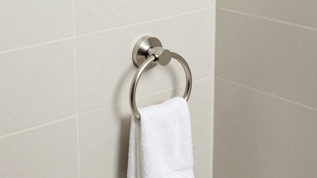 Corner-mounted towel ring saving space near bathtub