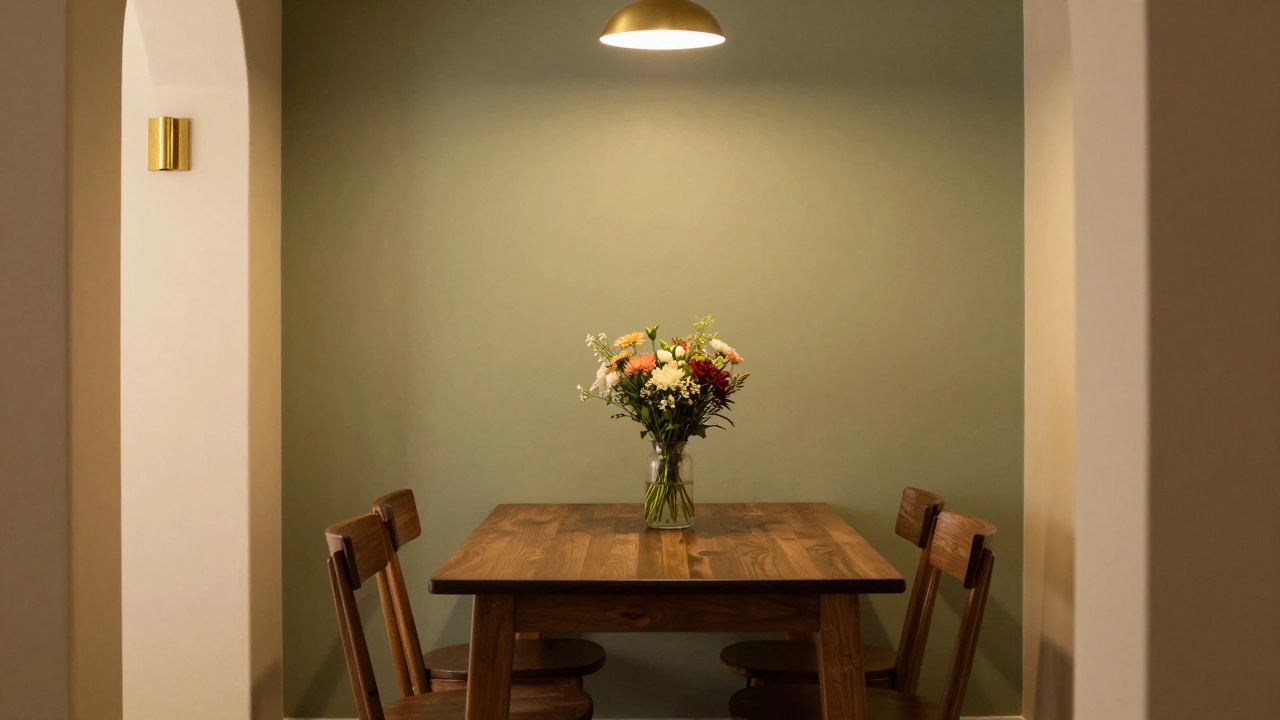 Cozy dining nook with sage green walls and warm lighting for relaxation