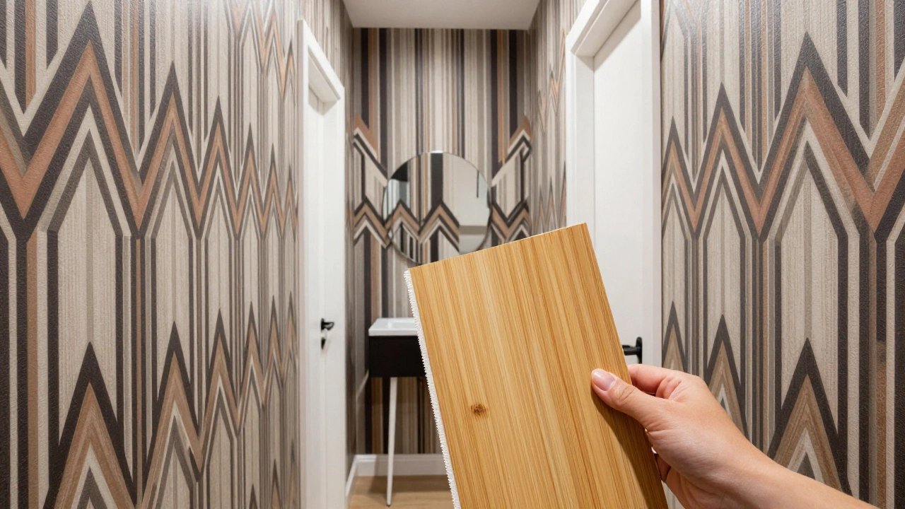 Geometric Art Deco wallpaper in a hallway with a peel-and-stick sample