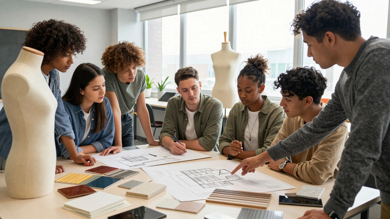 Interior design students collaborating on blueprints and material samples in a studio.