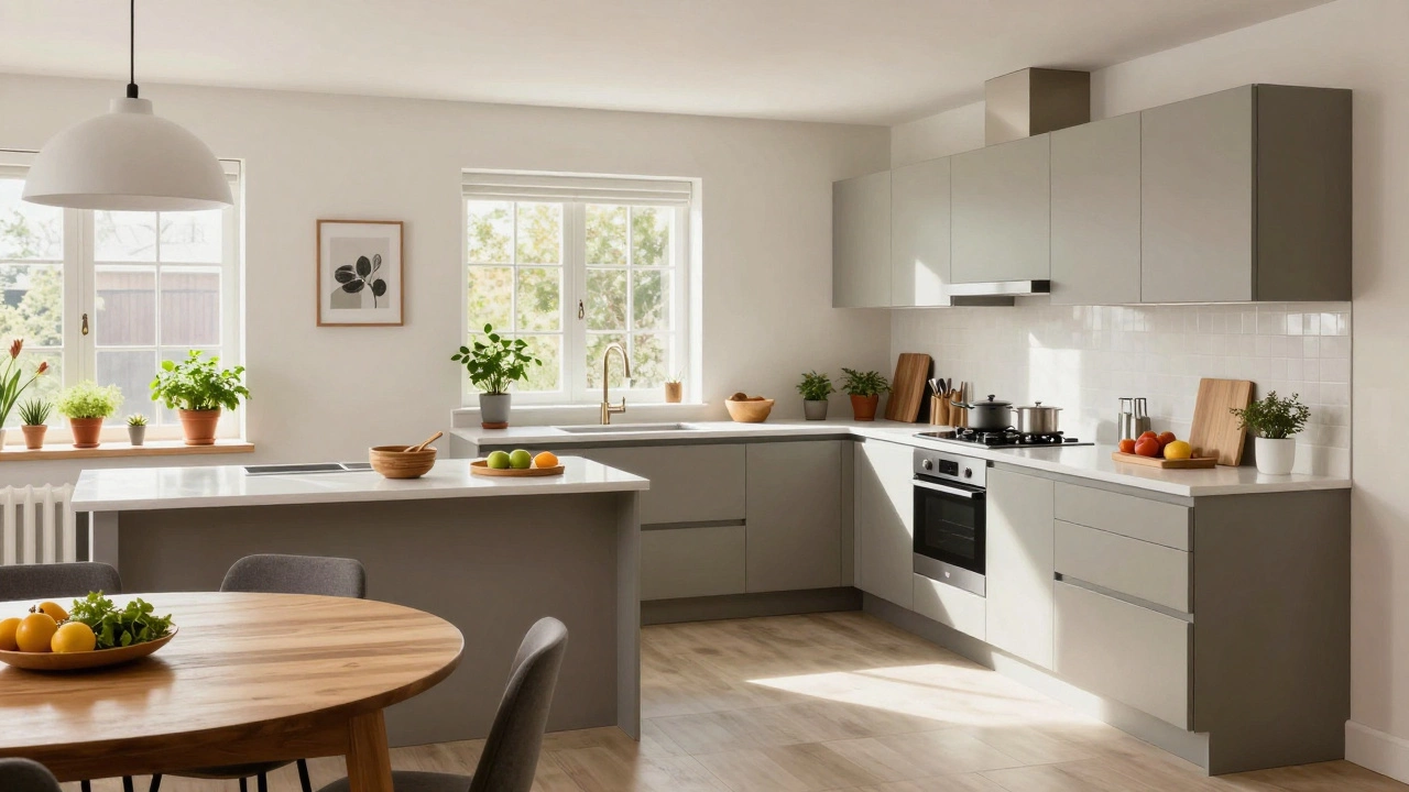 L-shaped kitchen with open plan dining area for social cooking and flow.