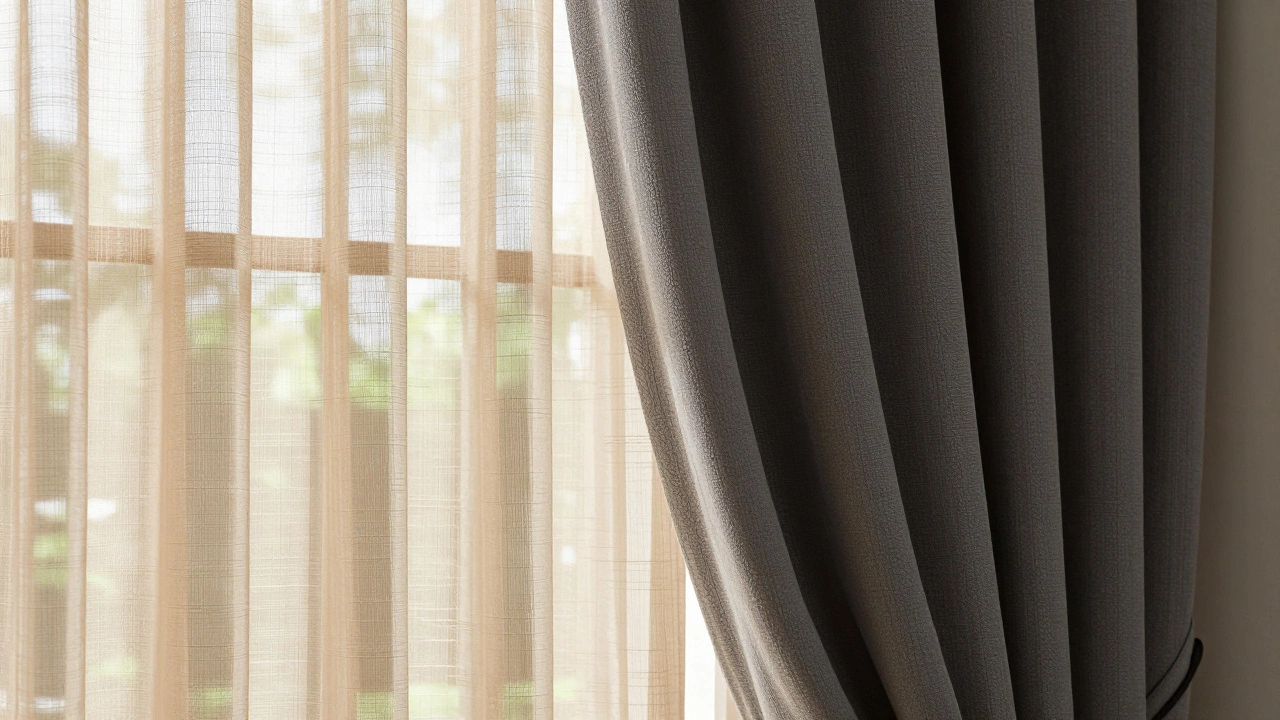Layered sand sheer and charcoal thermal curtains diffusing daylight
