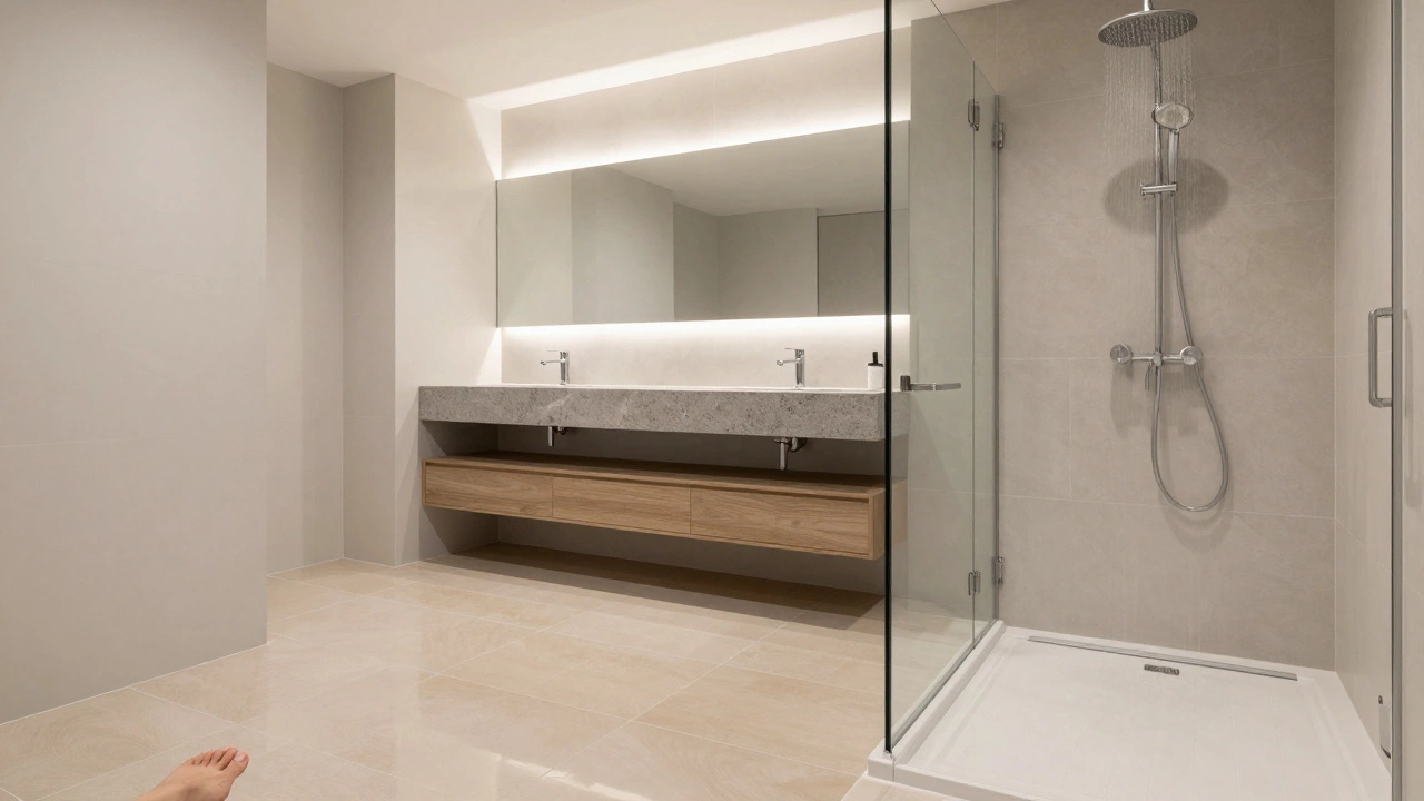 Luxury bathroom with heated floors and modern shower