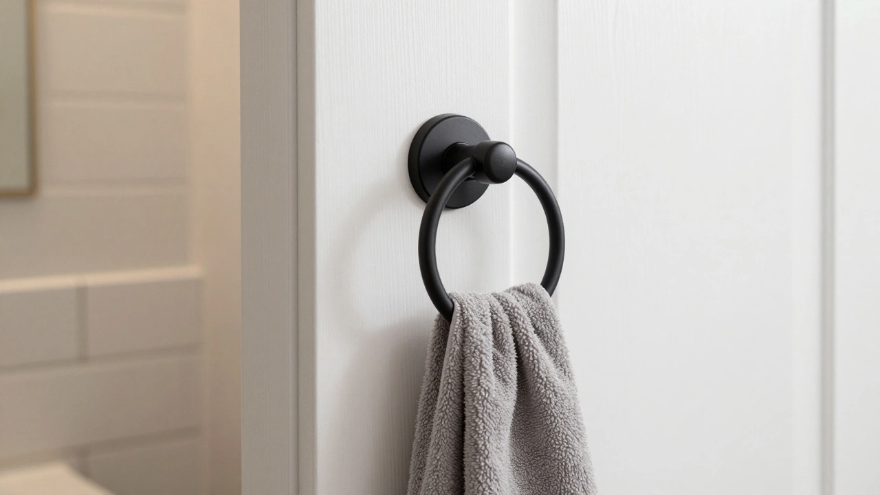 Matte black towel ring on back of white bathroom door
