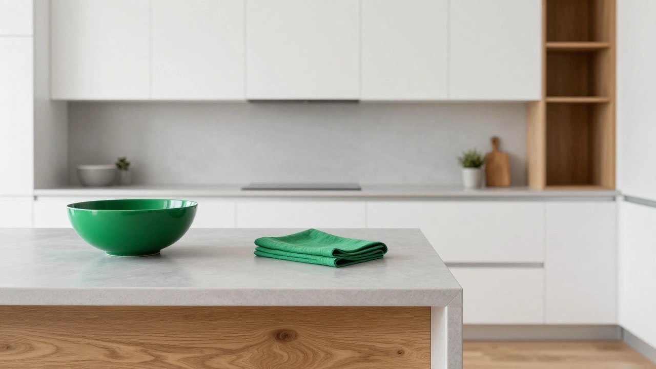 Modern kitchen with white cabinets, wood floors, and green accents