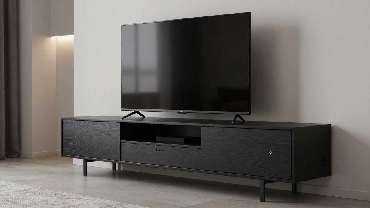 Modern media console holding a TV in a minimalist apartment