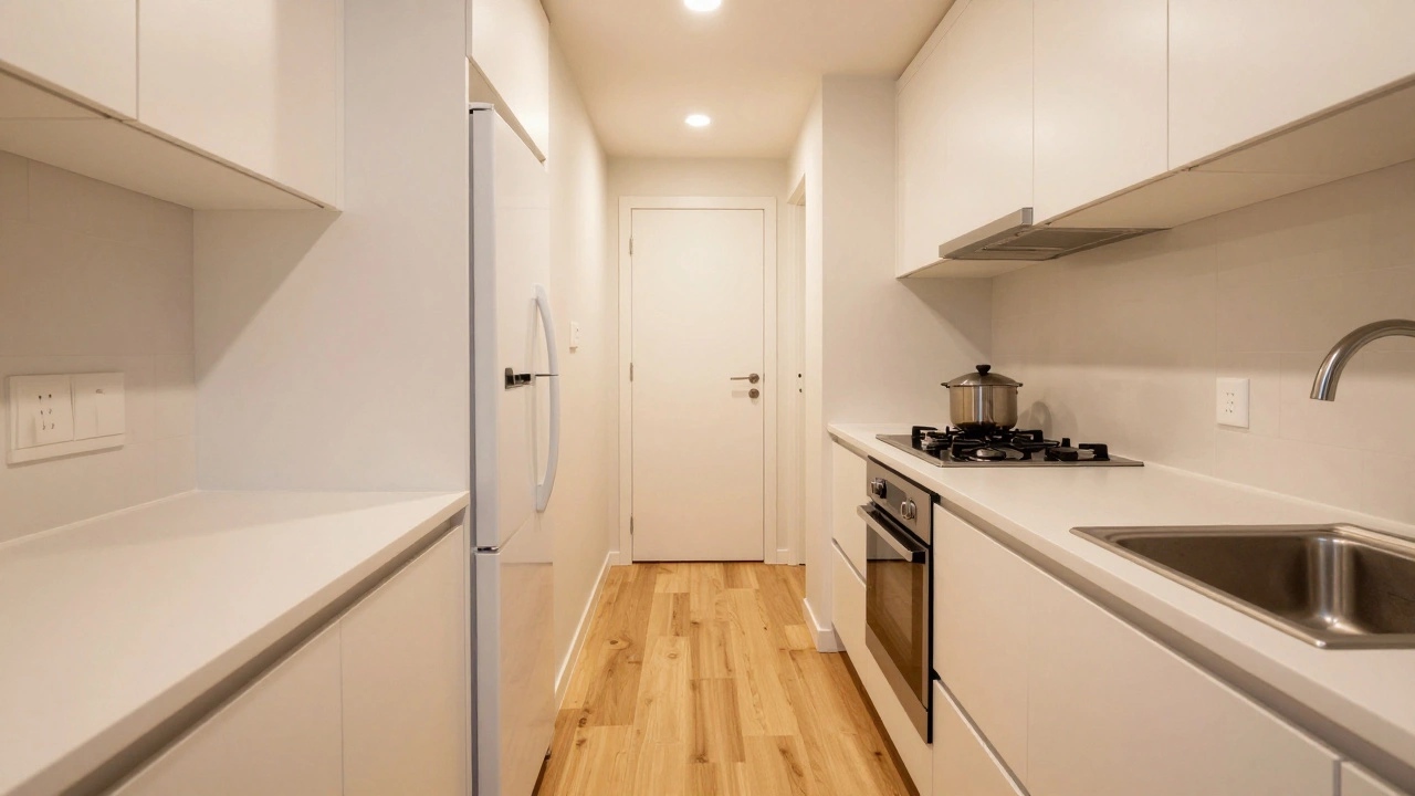 Narrow galley kitchen with parallel counters and appliances for efficient cooking.