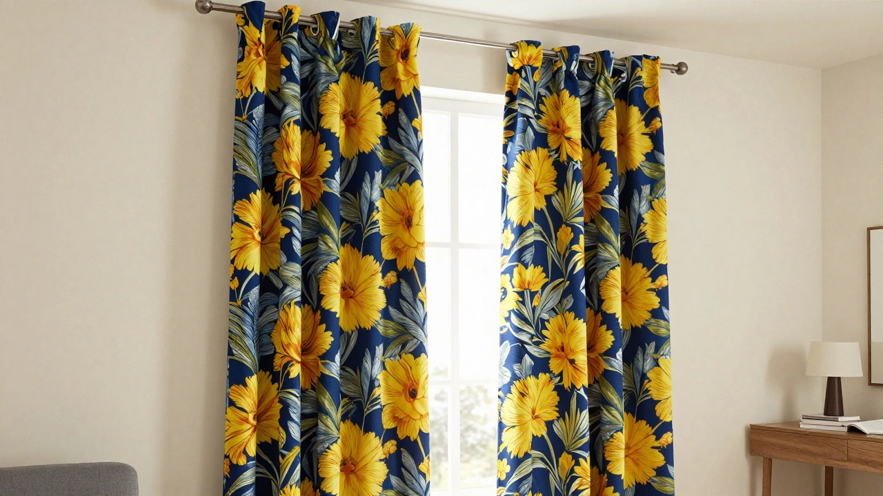 Navy blue botanical print curtains serving as a bold statement piece