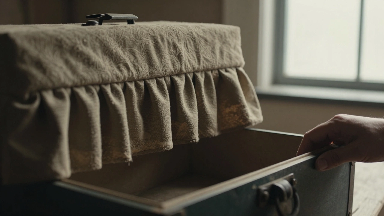 Old ruffled valances in a dusty box contrasting with a modern window view