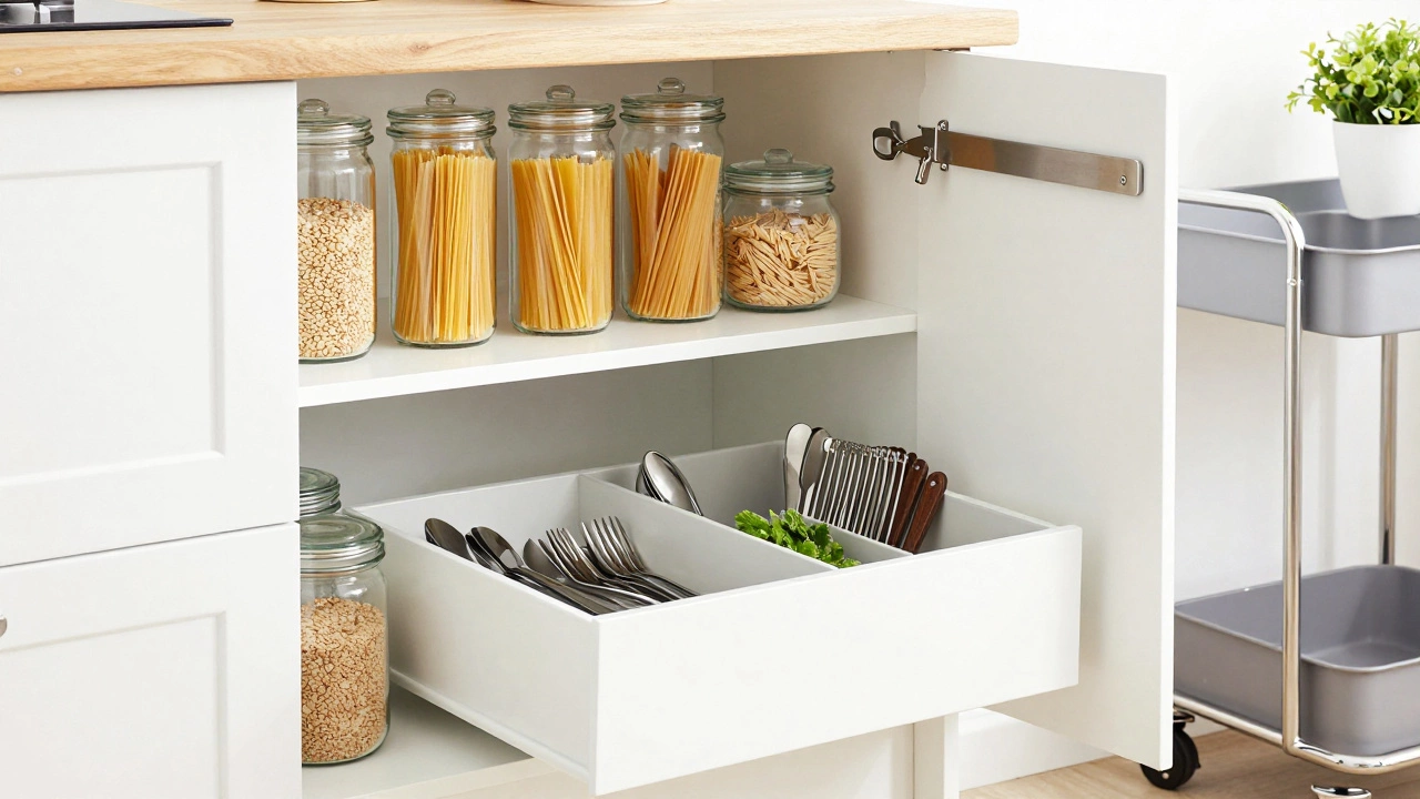 Organized kitchen with clear jars on shelves and magnetic knife strips on cabinet doors.