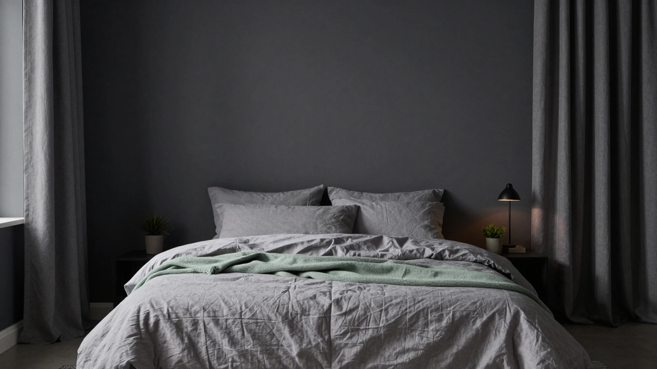 Serene bedroom with charcoal walls, grey bedding, and sage green