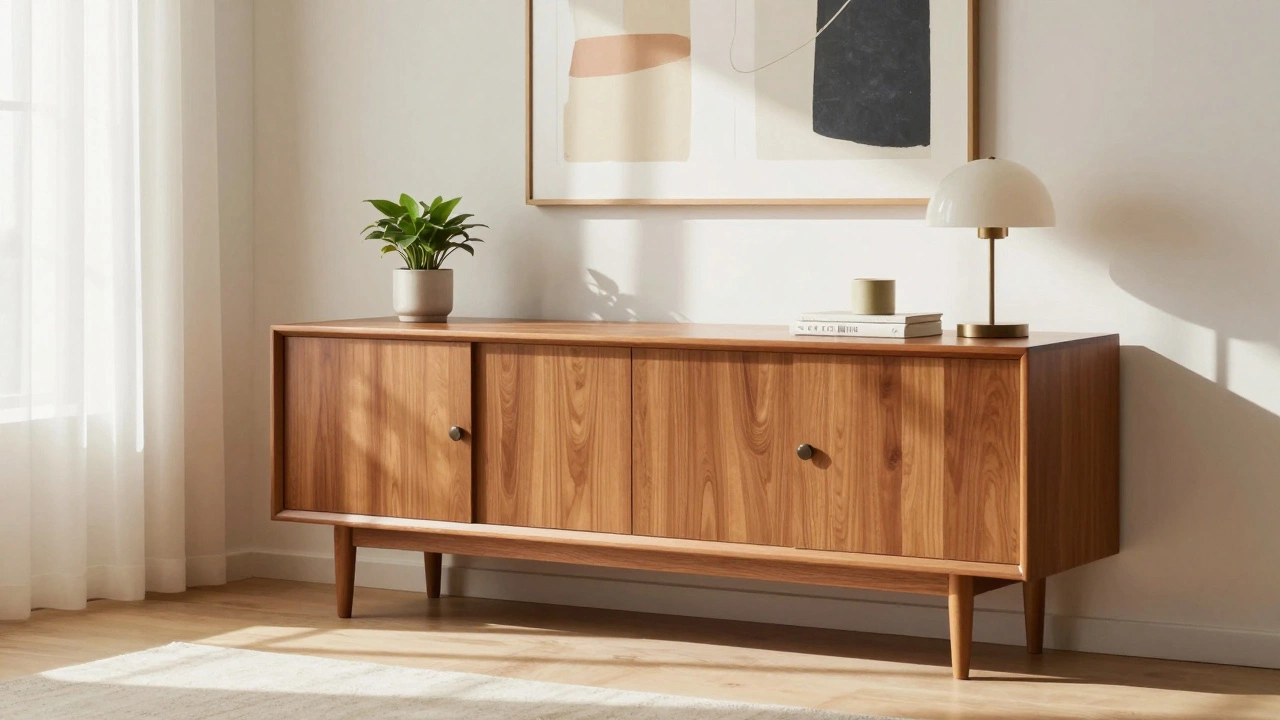 Sleek mid-century modern teak credenza in a bright living area
