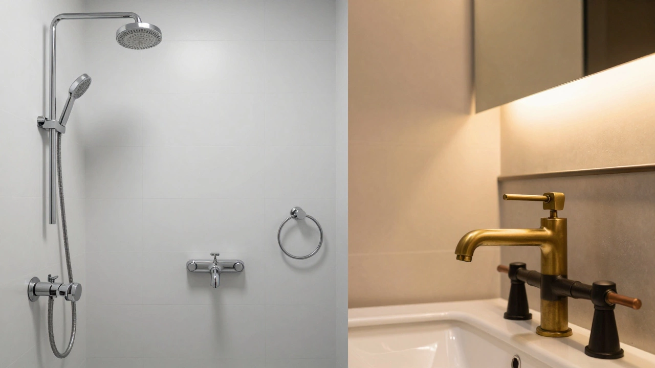 Split view comparing uniform chrome bathroom vs mixed brass and black design