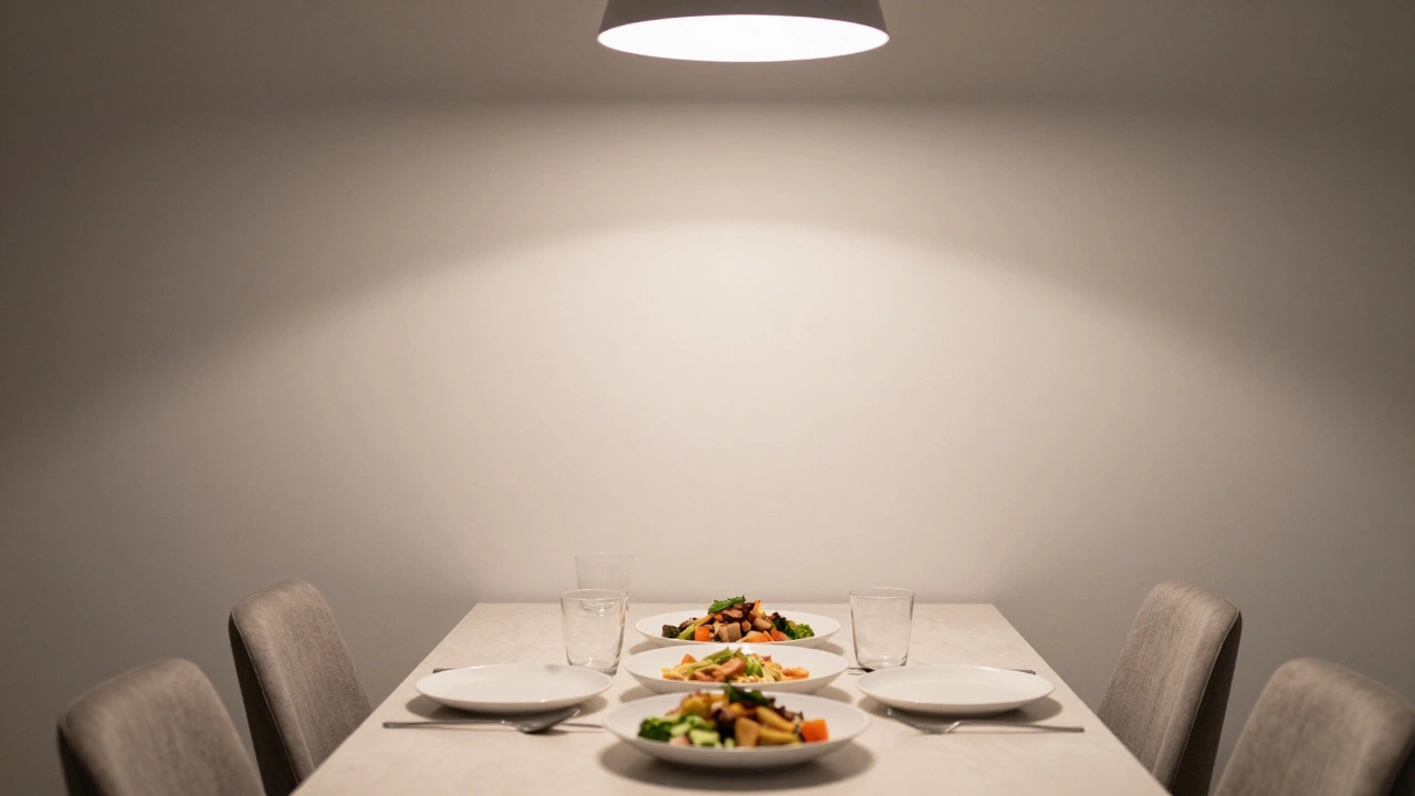 Table setting showing how gray walls dull food vs creamy walls enhancing it