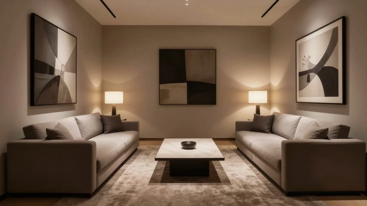 Two matching sofas facing each other in a square room layout