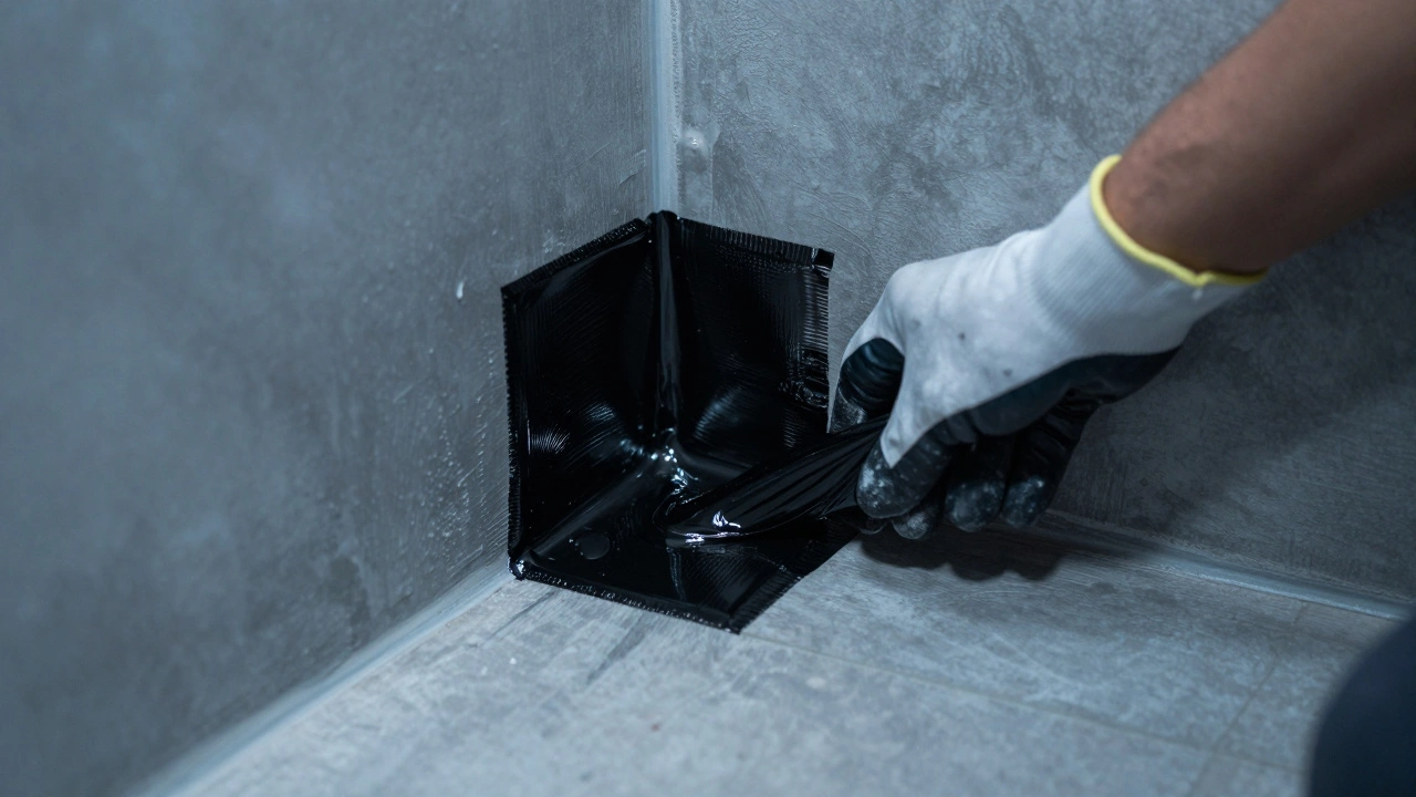 Worker applying waterproofing membrane to bathroom floor