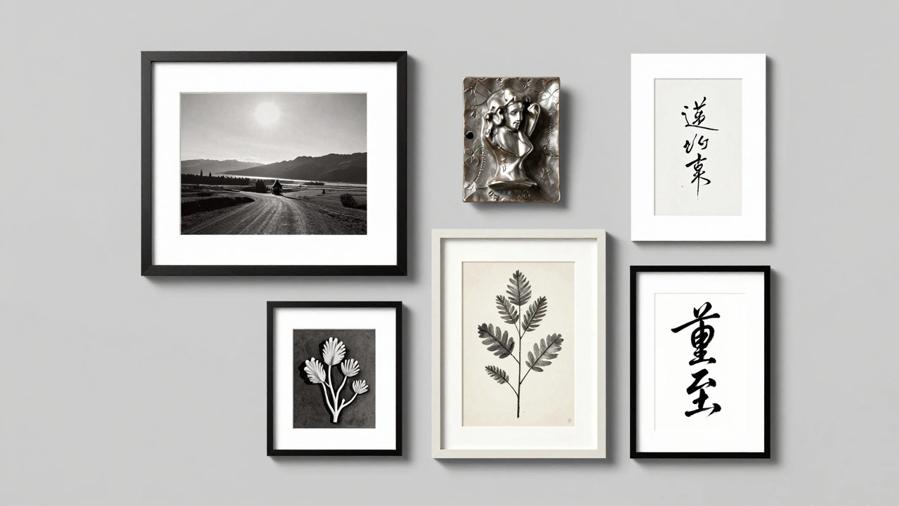 A curated gallery wall featuring mixed media including photos and sculptures