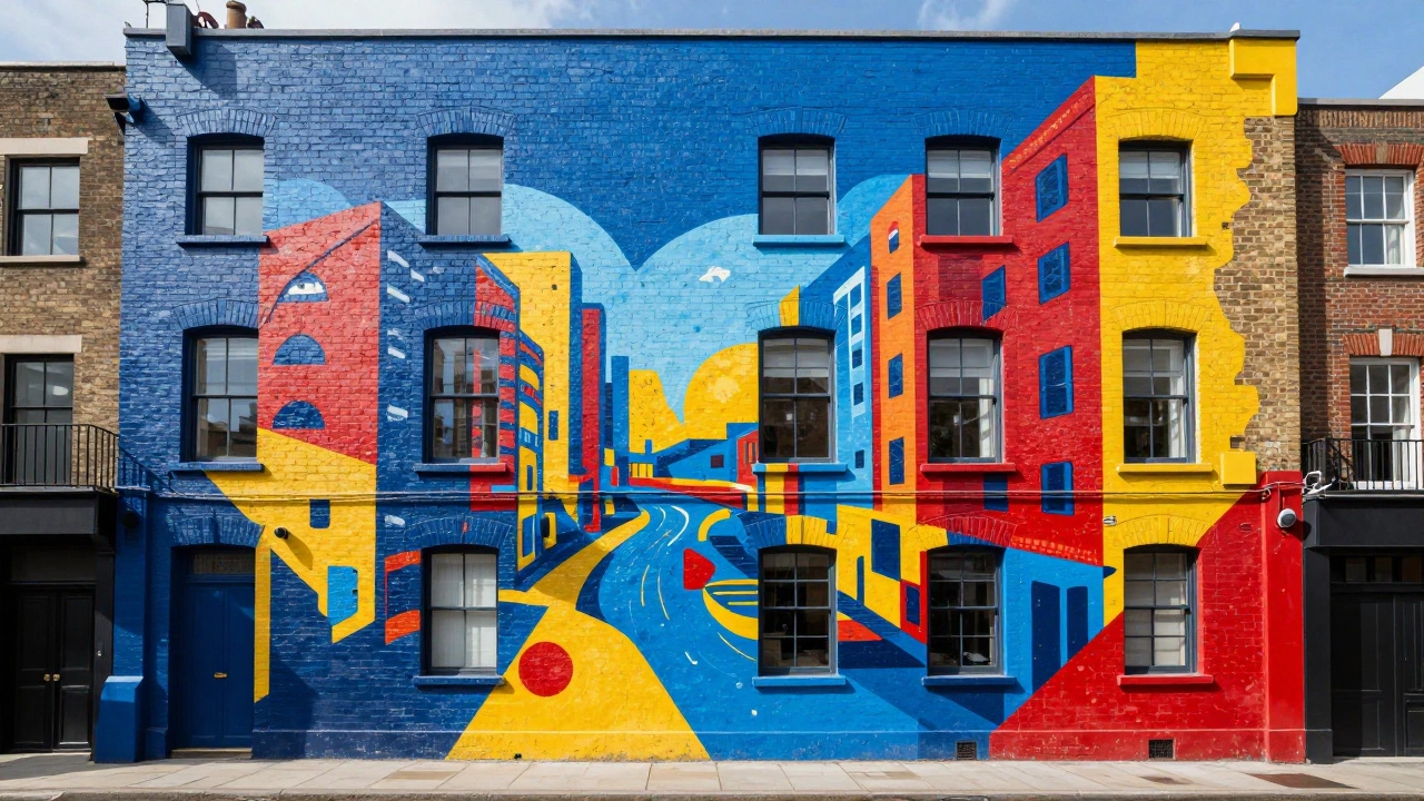 A vibrant, colorful mural painted directly onto a brick wall in a loft