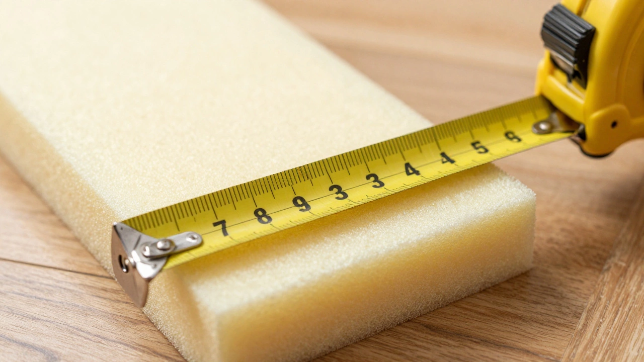 Close-up of a tape measure checking the dimensions of a foam cushion.