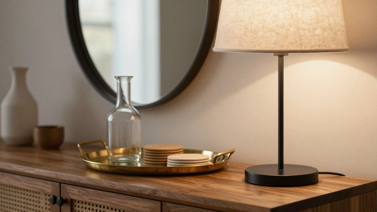 Close-up of brass tray and lamp on a wooden sideboard