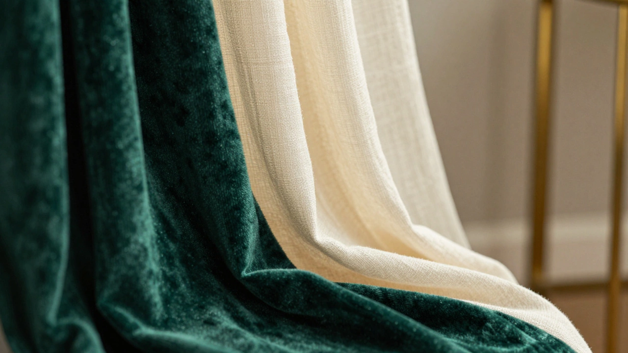 Close-up of emerald velvet and cream linen fabric swatches showing texture differences.