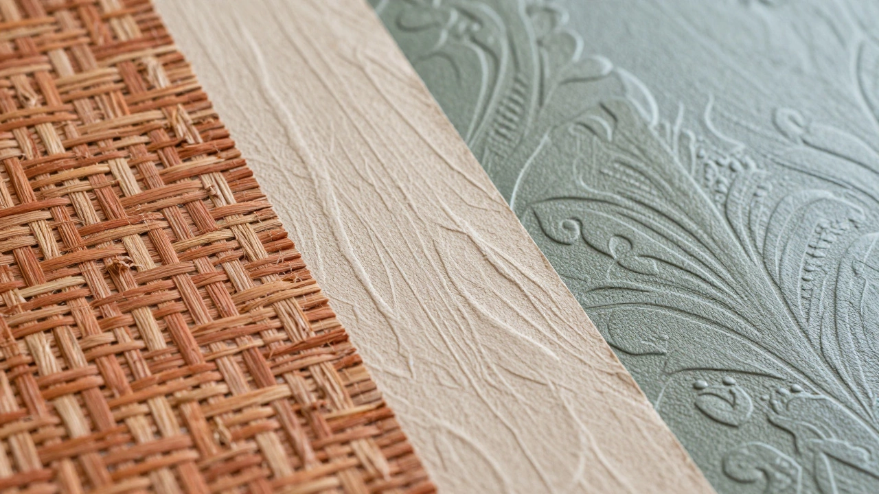 Close up of textured grasscloth and plaster effect wallpapers in earth tones
