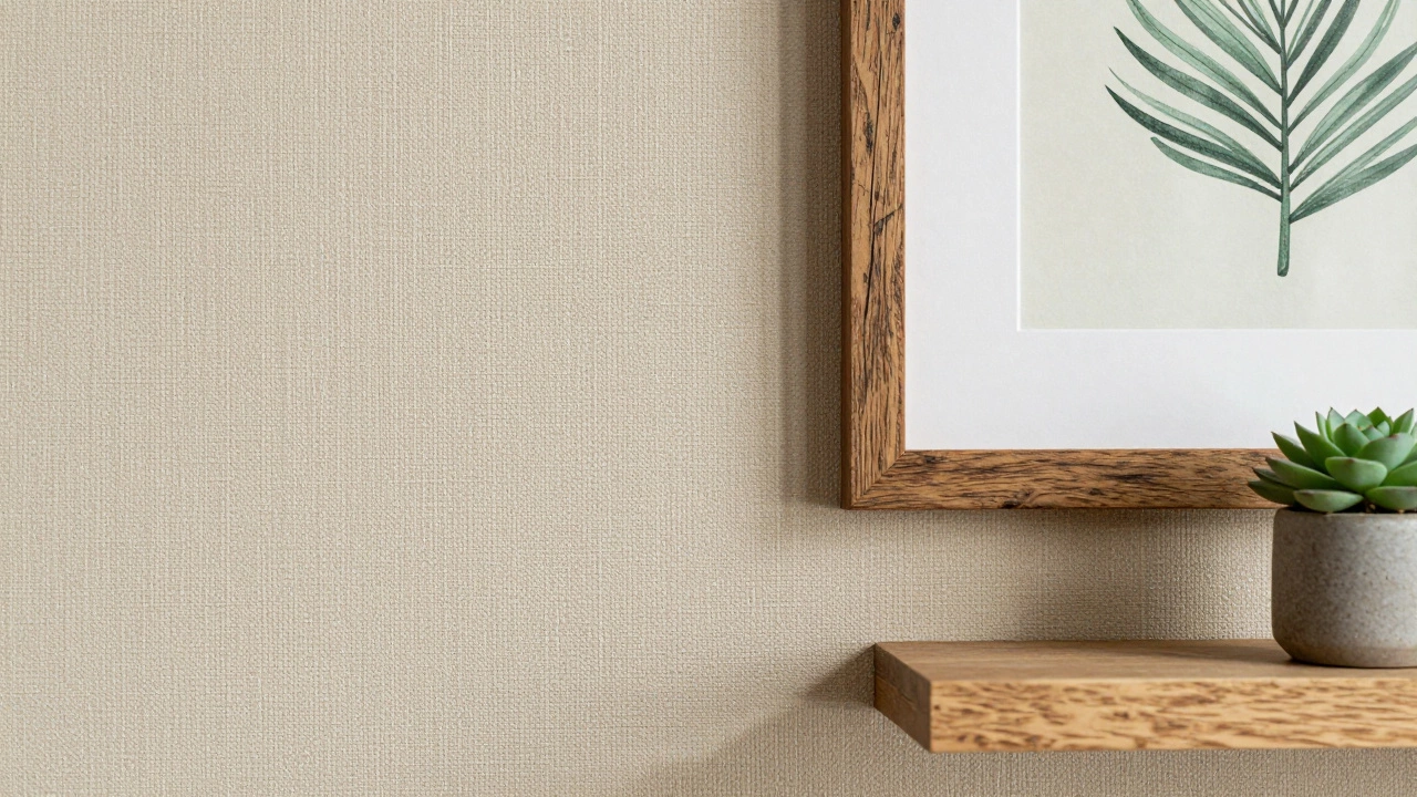Close-up of textured grasscloth wallpaper and sustainable wooden art frame