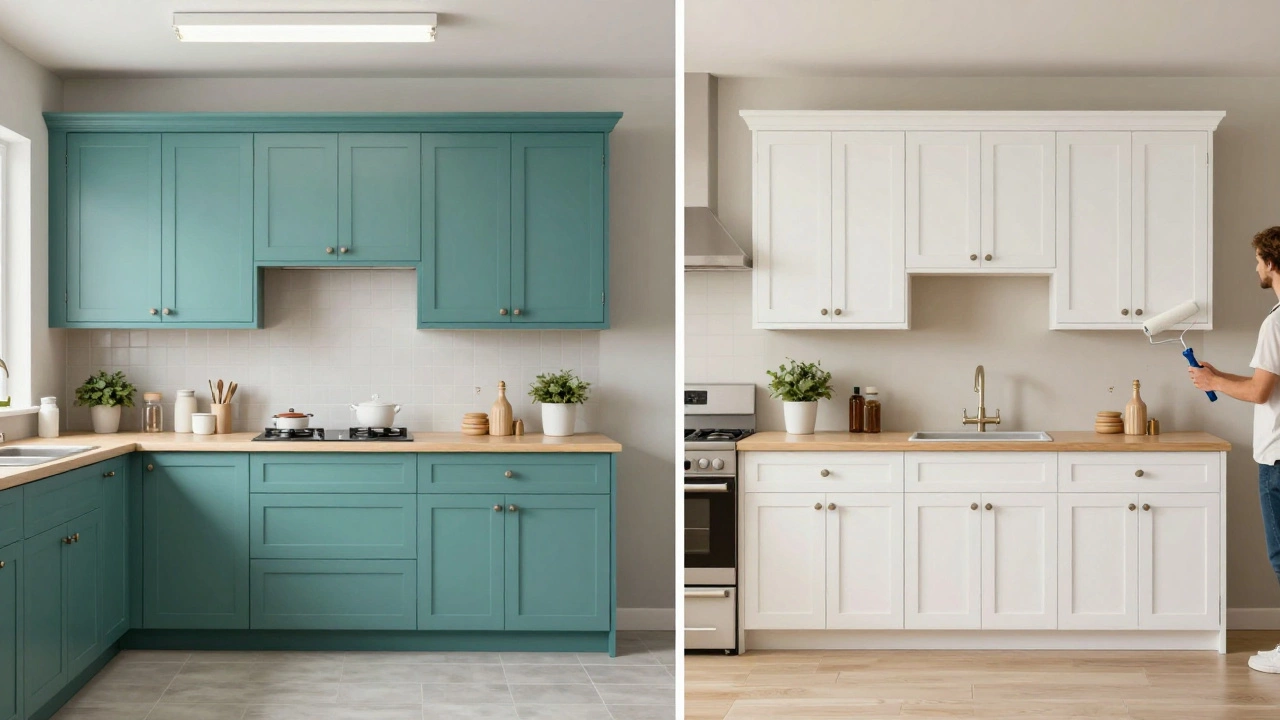 Comparison of teal vs white kitchen cabinets for sale