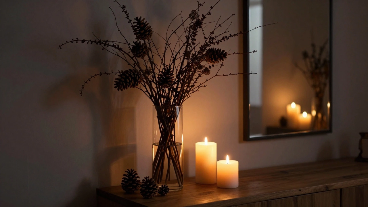 Cozy corner with dried branches in vase and glowing candles