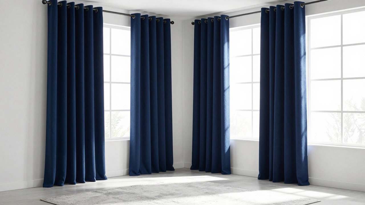 Deep navy blue curtains looking rich and bright in a sunlit modern living room.
