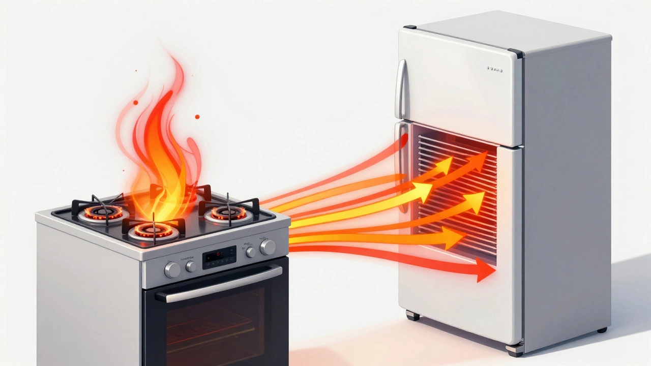 Diagram showing heat transfer from stove to refrigerator coils